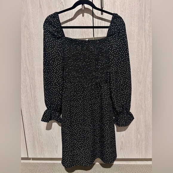 Exlura Dresses & Skirts - Womens Polka Dot Long Sleeve High Waist Smocked Ruffle Swing Short Dress - L